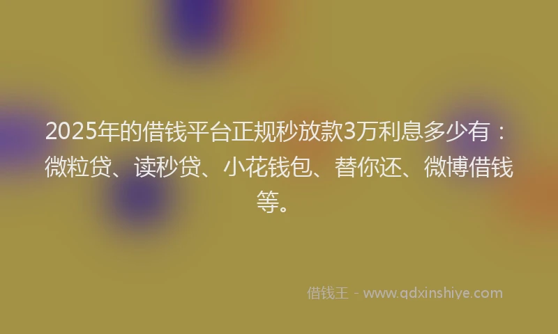 2025年的借钱平台正规秒放款3万利息多少有：微粒贷、读秒贷、小花钱包、替你还、微博借钱等。