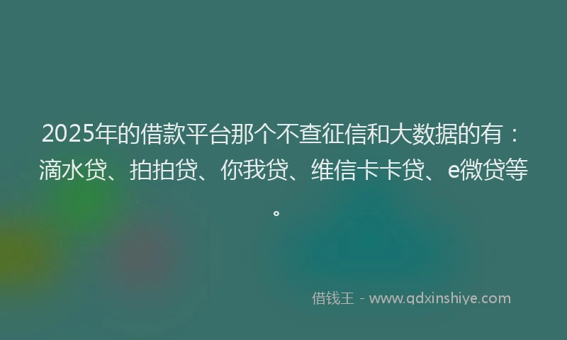 2025年的借款平台那个不查征信和大数据的有：滴水贷、拍拍贷、你我贷、维信卡卡贷、e微贷等。