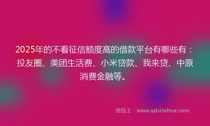 2025年的不看征信额度高的借款平台有哪些有：投友圈、美团生活费、小米贷款、我来贷、中原消费金融等。