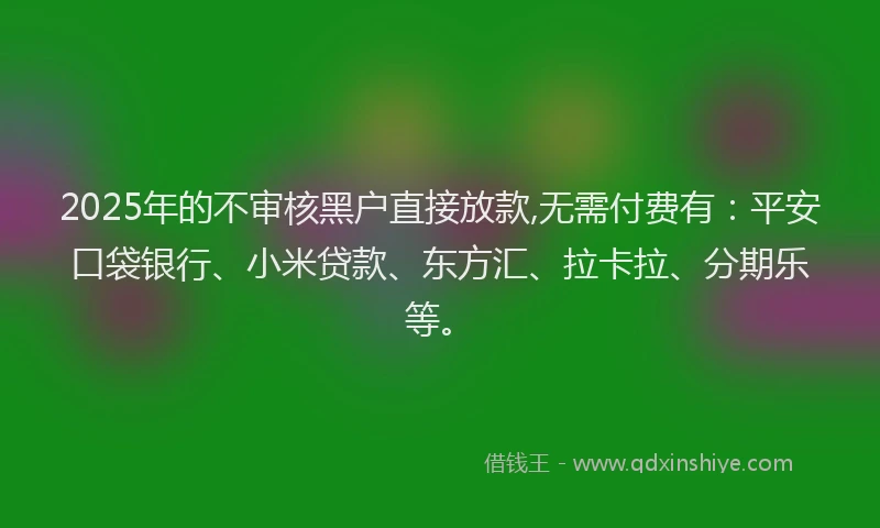 2025年的不审核黑户直接放款,无需付费有：平安口袋银行、小米贷款、东方汇、拉卡拉、分期乐等。