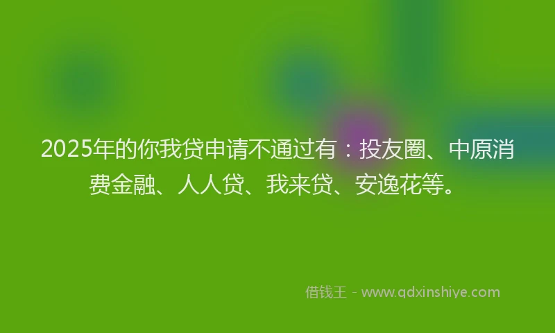 2025年的你我贷申请不通过有：投友圈、中原消费金融、人人贷、我来贷、安逸花等。