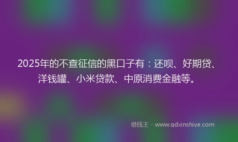 2025年的不查征信的黑口子有：还呗、好期贷、洋钱罐、小米贷款、中原消费金融等。