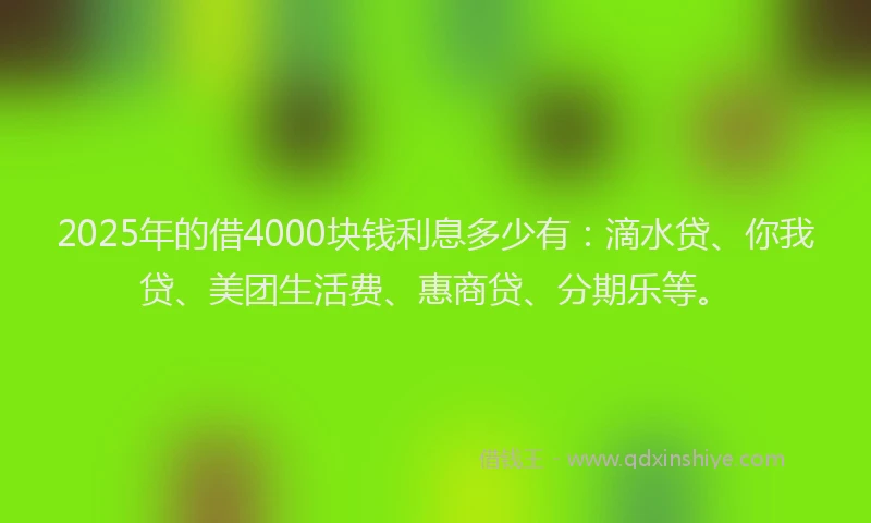 2025年的借4000块钱利息多少有：滴水贷、你我贷、美团生活费、惠商贷、分期乐等。