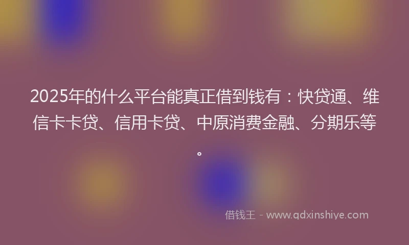 2025年的什么平台能真正借到钱有：快贷通、维信卡卡贷、信用卡贷、中原消费金融、分期乐等。