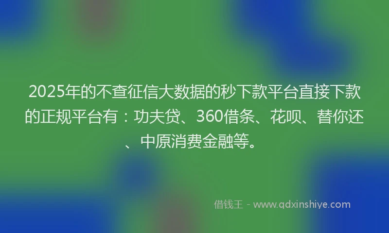 2025年的不查征信大数据的秒下款平台直接下款的正规平台有：功夫贷、360借条、花呗、替你还、中原消费金融等。