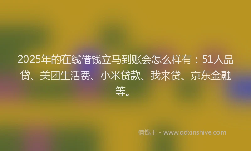 2025年的在线借钱立马到账会怎么样有：51人品贷、美团生活费、小米贷款、我来贷、京东金融等。