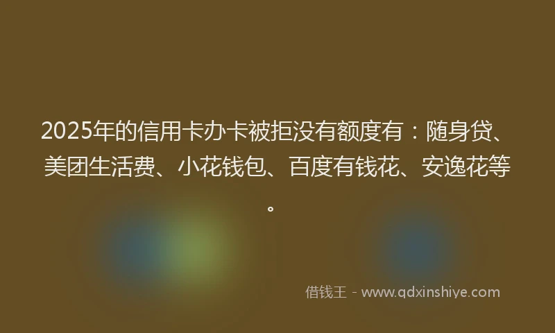 2025年的信用卡办卡被拒没有额度有：随身贷、美团生活费、小花钱包、百度有钱花、安逸花等。