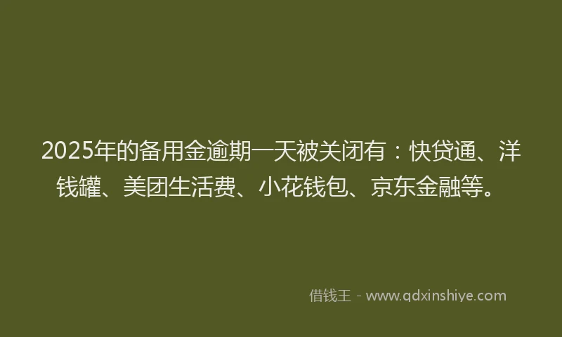 2025年的备用金逾期一天被关闭有：快贷通、洋钱罐、美团生活费、小花钱包、京东金融等。