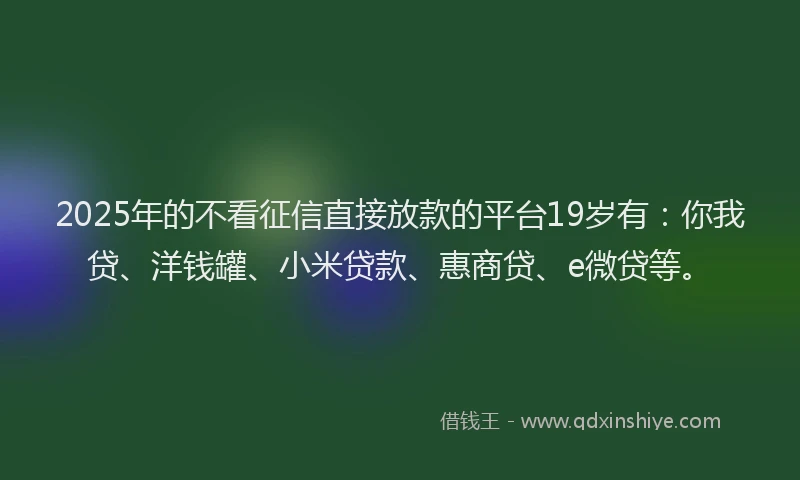 2025年的不看征信直接放款的平台19岁有：你我贷、洋钱罐、小米贷款、惠商贷、e微贷等。