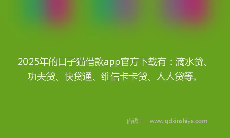 2025年的口子猫借款app官方下载有：滴水贷、功夫贷、快贷通、维信卡卡贷、人人贷等。