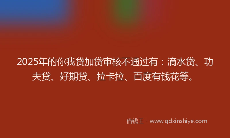 2025年的你我贷加贷审核不通过有：滴水贷、功夫贷、好期贷、拉卡拉、百度有钱花等。