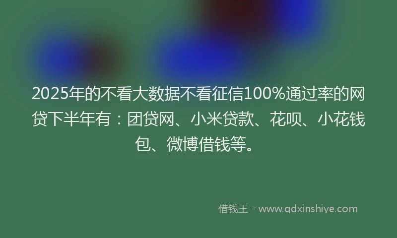 2025年的不看大数据不看征信100%通过率的网贷下半年有：团贷网、小米贷款、花呗、小花钱包、微博借钱等。