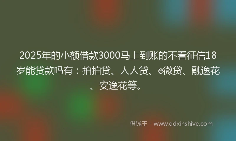 2025年的小额借款3000马上到账的不看征信18岁能贷款吗有：拍拍贷、人人贷、e微贷、融逸花、安逸花等。