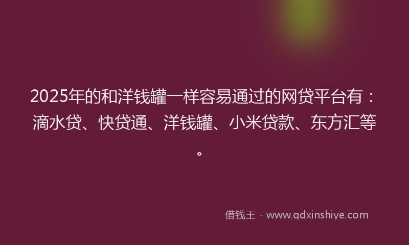 2025年的和洋钱罐一样容易通过的网贷平台有：滴水贷、快贷通、洋钱罐、小米贷款、东方汇等。
