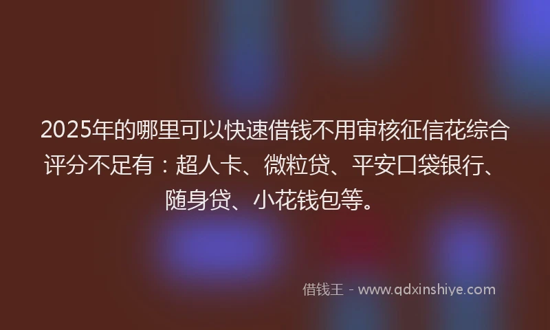 2025年的哪里可以快速借钱不用审核征信花综合评分不足有：超人卡、微粒贷、平安口袋银行、随身贷、小花钱包等。