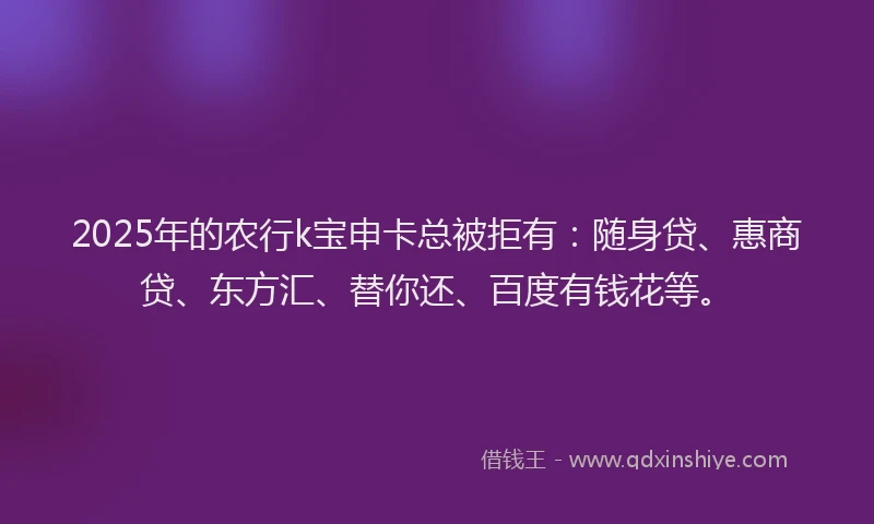 2025年的农行k宝申卡总被拒有：随身贷、惠商贷、东方汇、替你还、百度有钱花等。