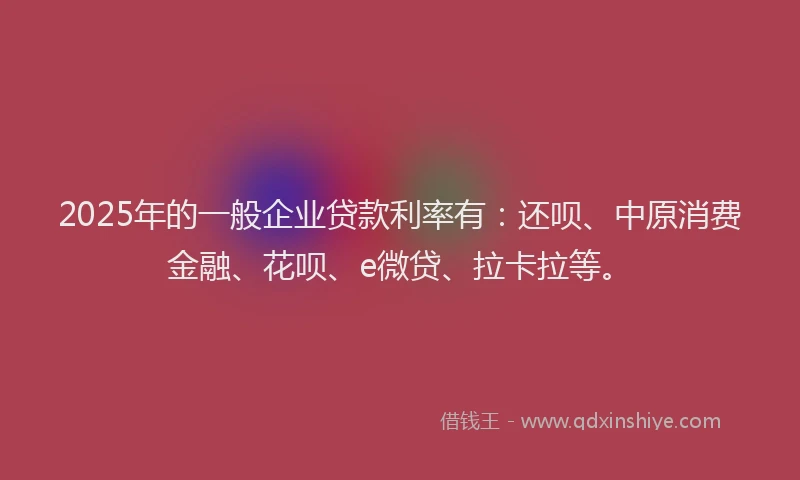 2025年的一般企业贷款利率有：还呗、中原消费金融、花呗、e微贷、拉卡拉等。