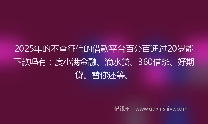 2025年的不查征信的借款平台百分百通过20岁能下款吗有：度小满金融、滴水贷、360借条、好期贷、替你还等。