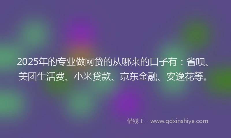 2025年的专业做网贷的从哪来的口子有：省呗、美团生活费、小米贷款、京东金融、安逸花等。