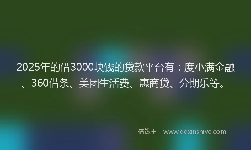 2025年的借3000块钱的贷款平台有：度小满金融、360借条、美团生活费、惠商贷、分期乐等。
