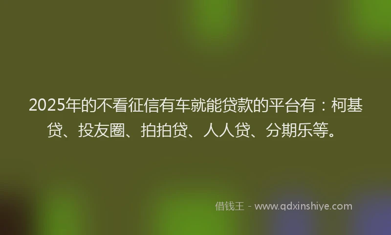 2025年的不看征信有车就能贷款的平台有：柯基贷、投友圈、拍拍贷、人人贷、分期乐等。