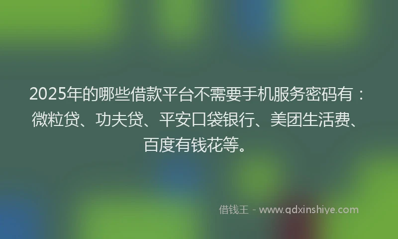 2025年的哪些借款平台不需要手机服务密码有：微粒贷、功夫贷、平安口袋银行、美团生活费、百度有钱花等。