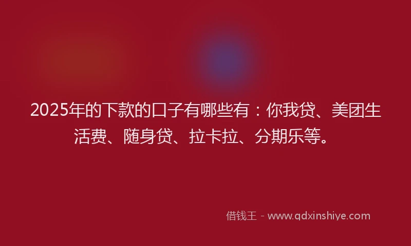 2025年的下款的口子有哪些有：你我贷、美团生活费、随身贷、拉卡拉、分期乐等。