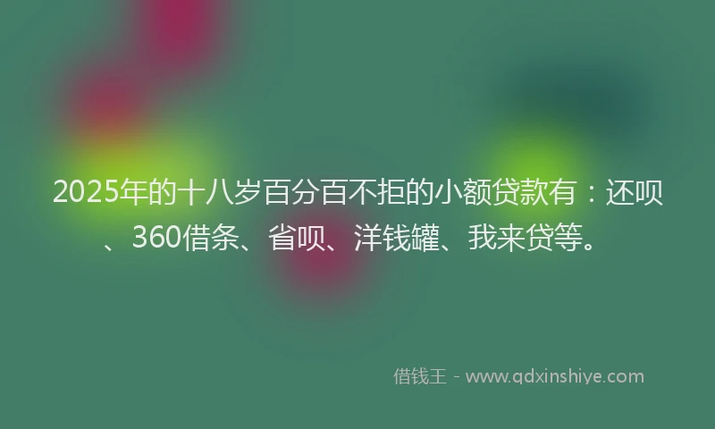 2025年的十八岁百分百不拒的小额贷款有：还呗、360借条、省呗、洋钱罐、我来贷等。