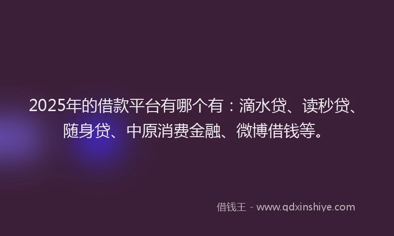 2025年的借款平台有哪个有：滴水贷、读秒贷、随身贷、中原消费金融、微博借钱等。