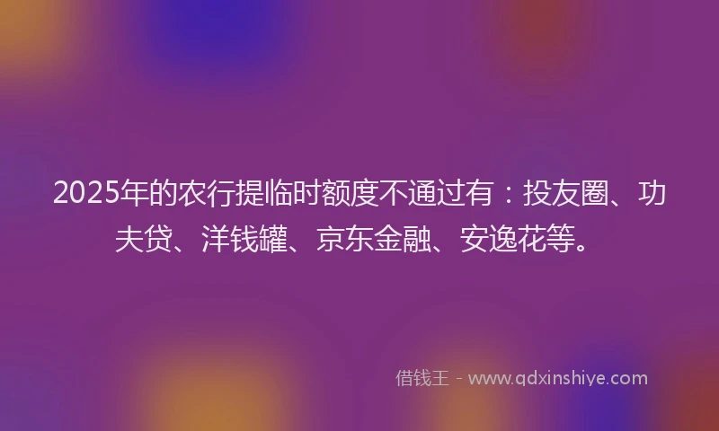 2025年的农行提临时额度不通过有：投友圈、功夫贷、洋钱罐、京东金融、安逸花等。