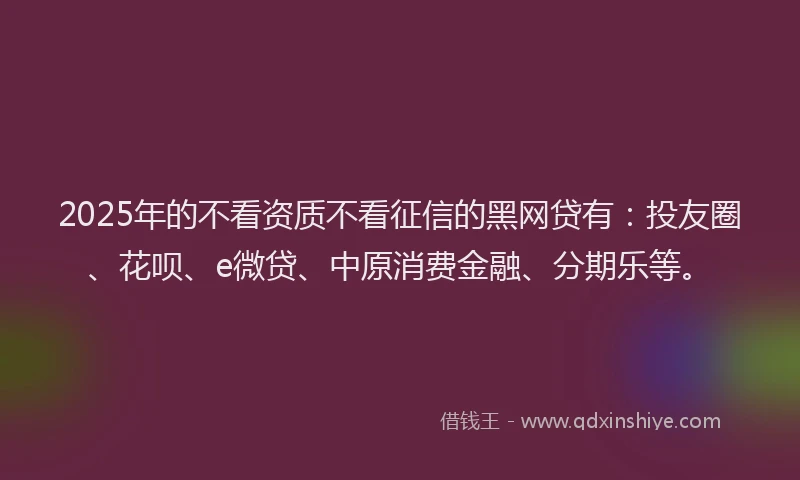 2025年的不看资质不看征信的黑网贷有：投友圈、花呗、e微贷、中原消费金融、分期乐等。