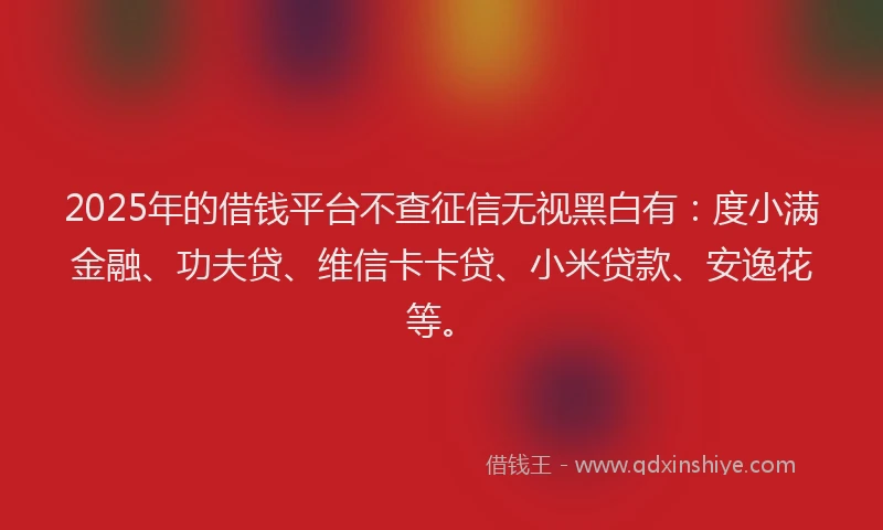 2025年的借钱平台不查征信无视黑白有：度小满金融、功夫贷、维信卡卡贷、小米贷款、安逸花等。