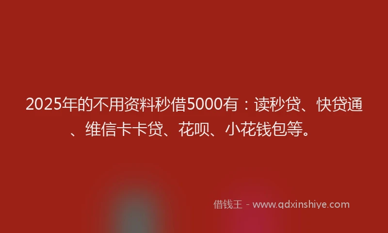 2025年的不用资料秒借5000有：读秒贷、快贷通、维信卡卡贷、花呗、小花钱包等。