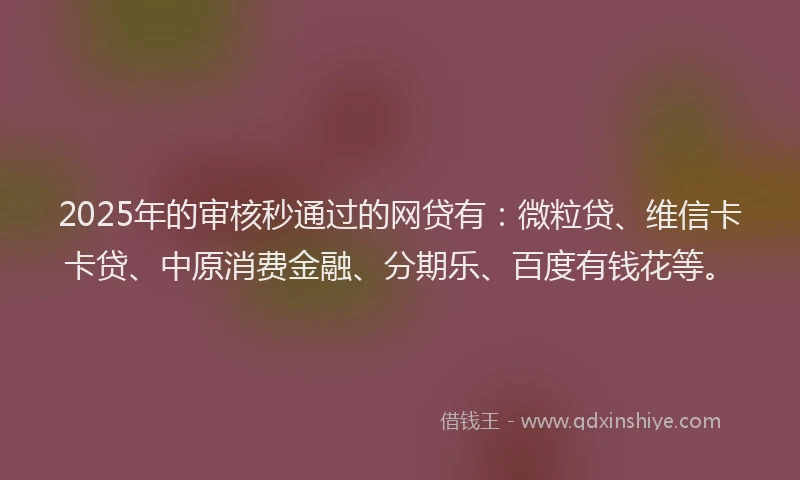 2025年的审核秒通过的网贷有：微粒贷、维信卡卡贷、中原消费金融、分期乐、百度有钱花等。