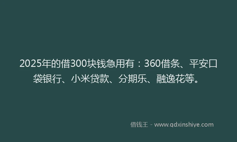 2025年的借300块钱急用有：360借条、平安口袋银行、小米贷款、分期乐、融逸花等。