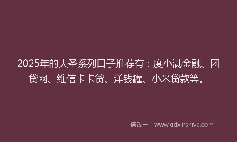 2025年的大圣系列口子推荐有：度小满金融、团贷网、维信卡卡贷、洋钱罐、小米贷款等。