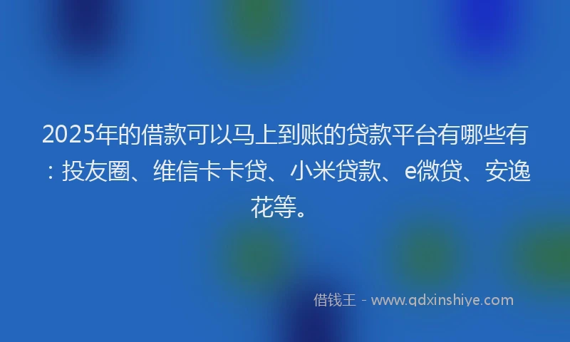 2025年的借款可以马上到账的贷款平台有哪些有：投友圈、维信卡卡贷、小米贷款、e微贷、安逸花等。