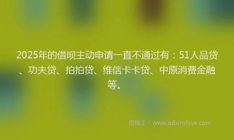 2025年的借呗主动申请一直不通过有：51人品贷、功夫贷、拍拍贷、维信卡卡贷、中原消费金融等。