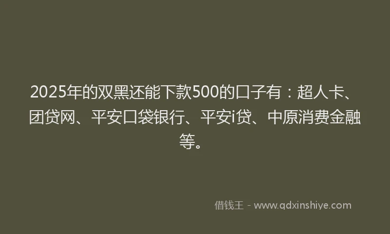2025年的双黑还能下款500的口子有：超人卡、团贷网、平安口袋银行、平安i贷、中原消费金融等。