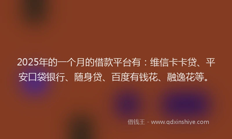 2025年的一个月的借款平台有：维信卡卡贷、平安口袋银行、随身贷、百度有钱花、融逸花等。