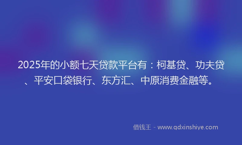 2025年的小额七天贷款平台有:柯基贷、功夫贷、平安口袋银行、东方汇、中原消费金融等。