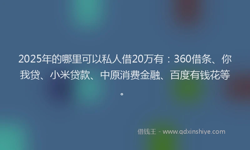 2025年的哪里可以私人借20万有：360借条、你我贷、小米贷款、中原消费金融、百度有钱花等。