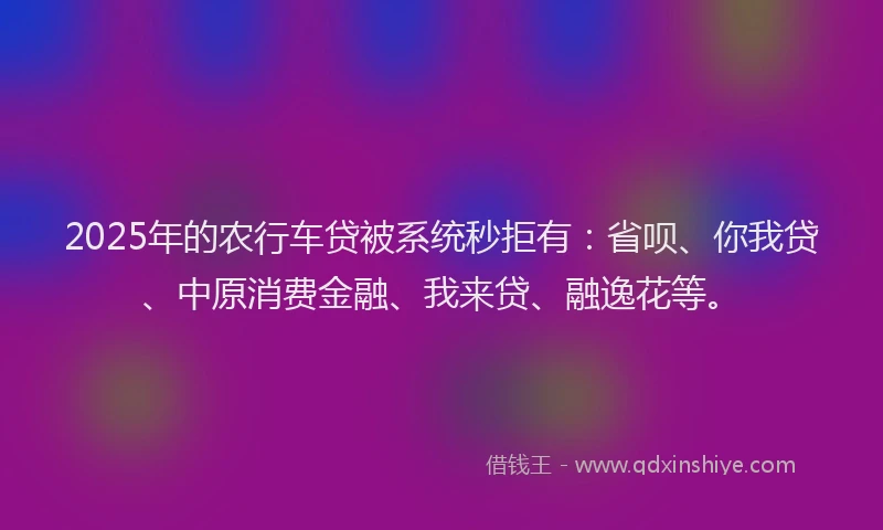 2025年的农行车贷被系统秒拒有：省呗、你我贷、中原消费金融、我来贷、融逸花等。