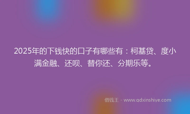 2025年的下钱快的口子有哪些有：柯基贷、度小满金融、还呗、替你还、分期乐等。
