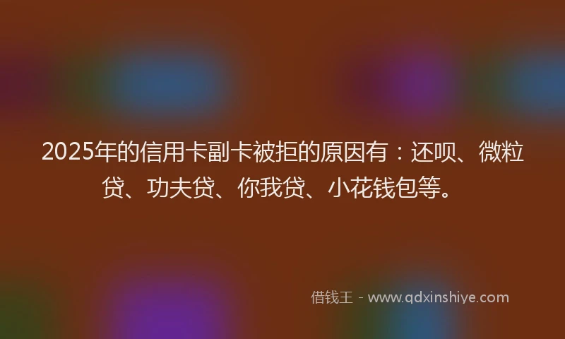 2025年的信用卡副卡被拒的原因有：还呗、微粒贷、功夫贷、你我贷、小花钱包等。