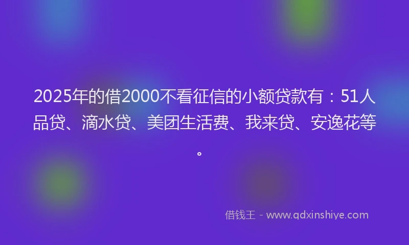 2025年的借2000不看征信的小额贷款有：51人品贷、滴水贷、美团生活费、我来贷、安逸花等。