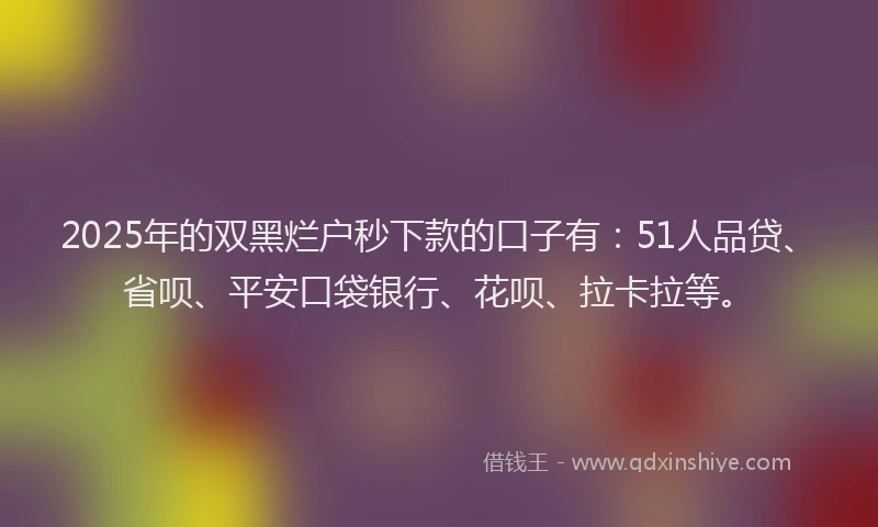 2025年的双黑烂户秒下款的口子有：51人品贷、省呗、平安口袋银行、花呗、拉卡拉等。