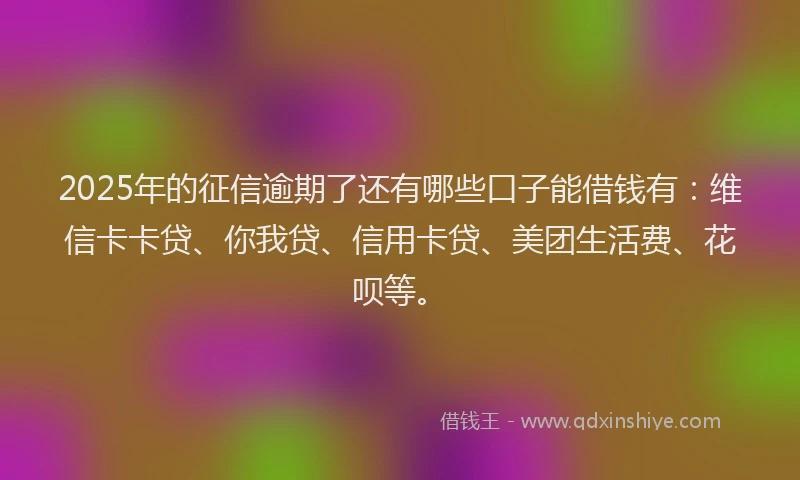 2025年的征信逾期了还有哪些口子能借钱有：维信卡卡贷、你我贷、信用卡贷、美团生活费、花呗等。