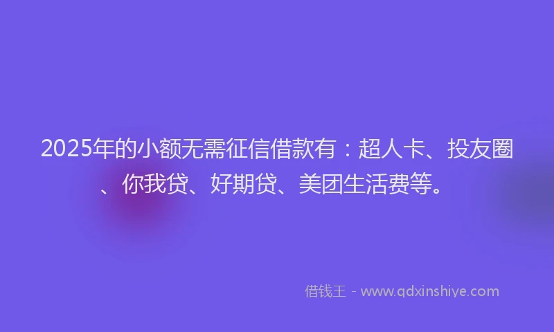 2025年的小额无需征信借款有：超人卡、投友圈、你我贷、好期贷、美团生活费等。