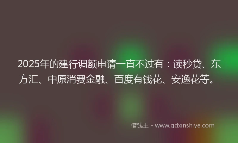 2025年的建行调额申请一直不过有：读秒贷、东方汇、中原消费金融、百度有钱花、安逸花等。